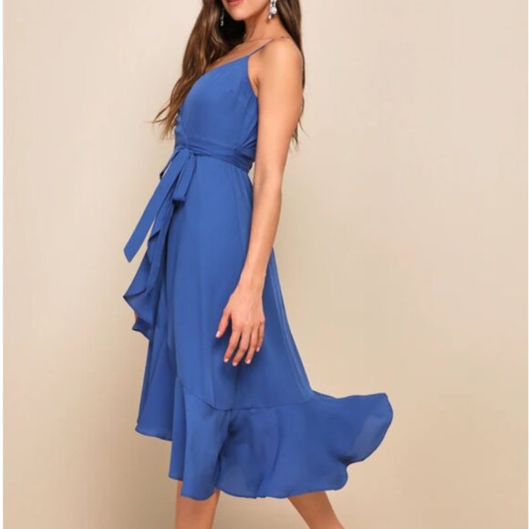 NWT Lulus Manhattan Moment Blue Ruffled Midi Wrap Dress - Picture 2 of 15